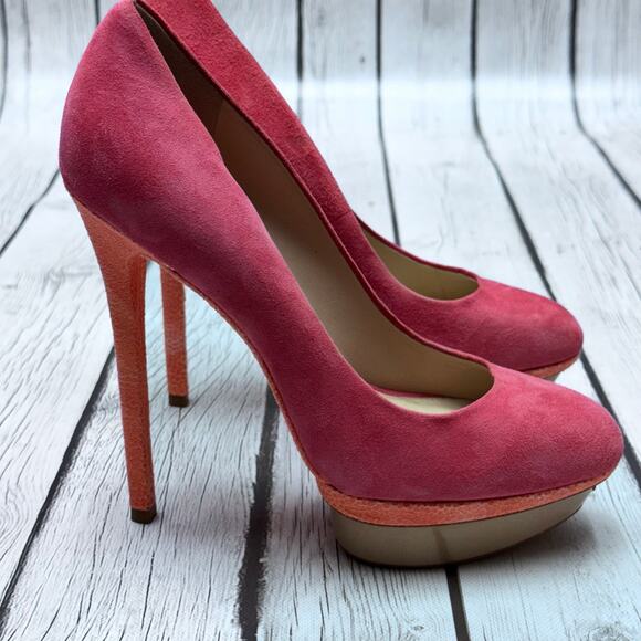 BRIAN ATWOOD Fontanne Suede Pink Orange Platform Stiletto Pumps Size  7 1/2 - Picture 5 of 12
